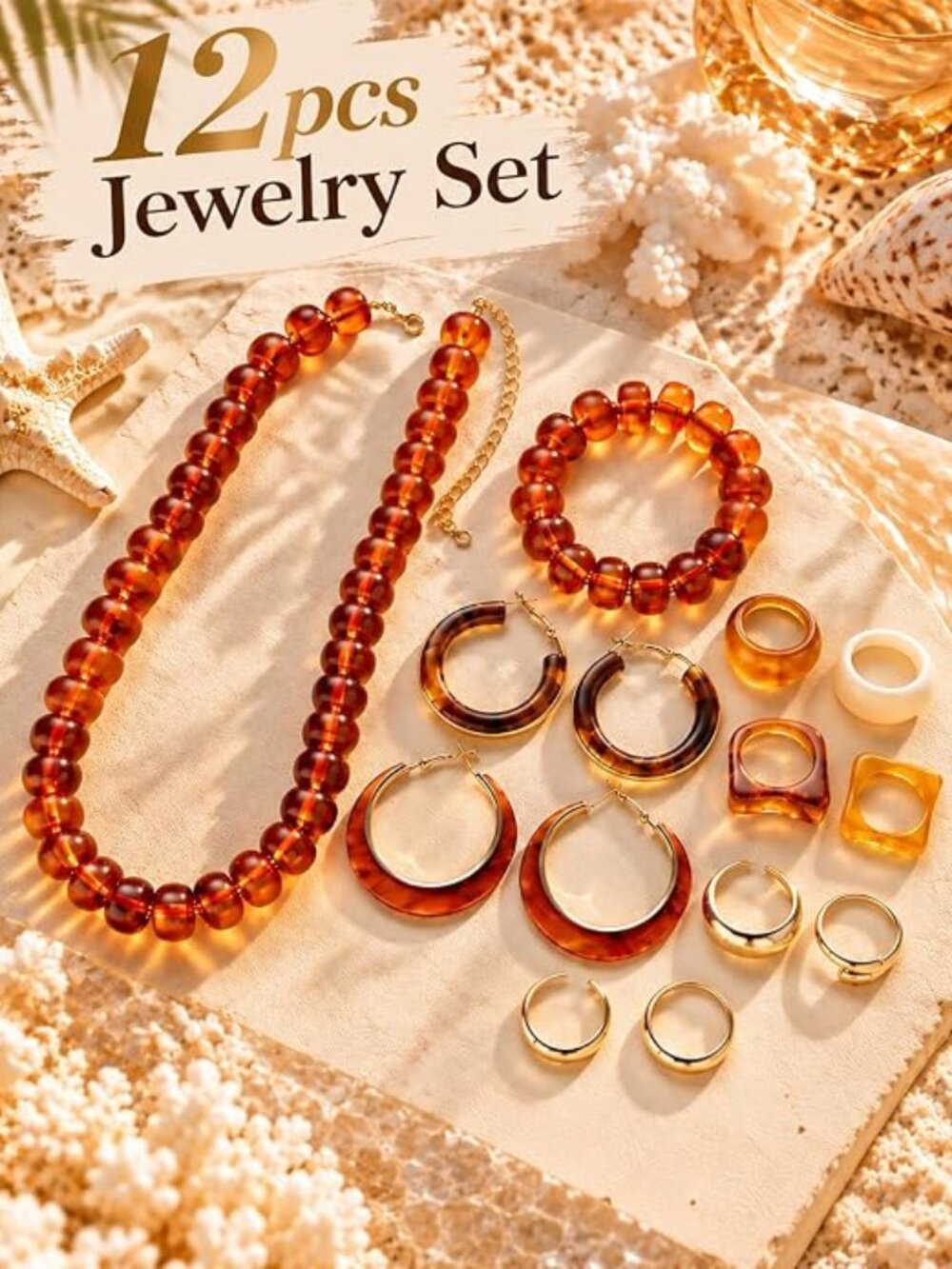 12-Piece Amber Resin Jewelry Set - Necklace, Bracelet, Earrings, and Rings